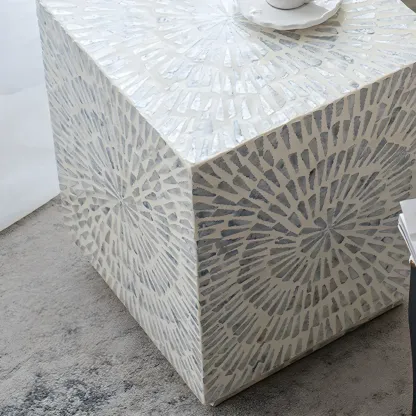 Vintage Wooden Round End Table with Mosaic Design for Home Image - 9