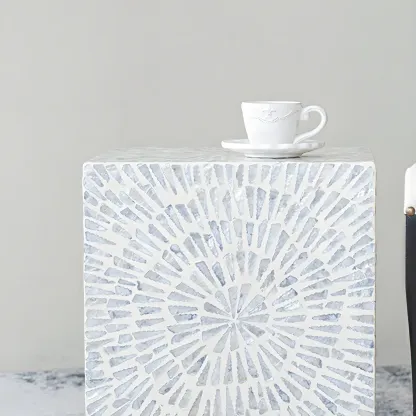 Vintage Wooden Round End Table with Mosaic Design for Home Image - 10