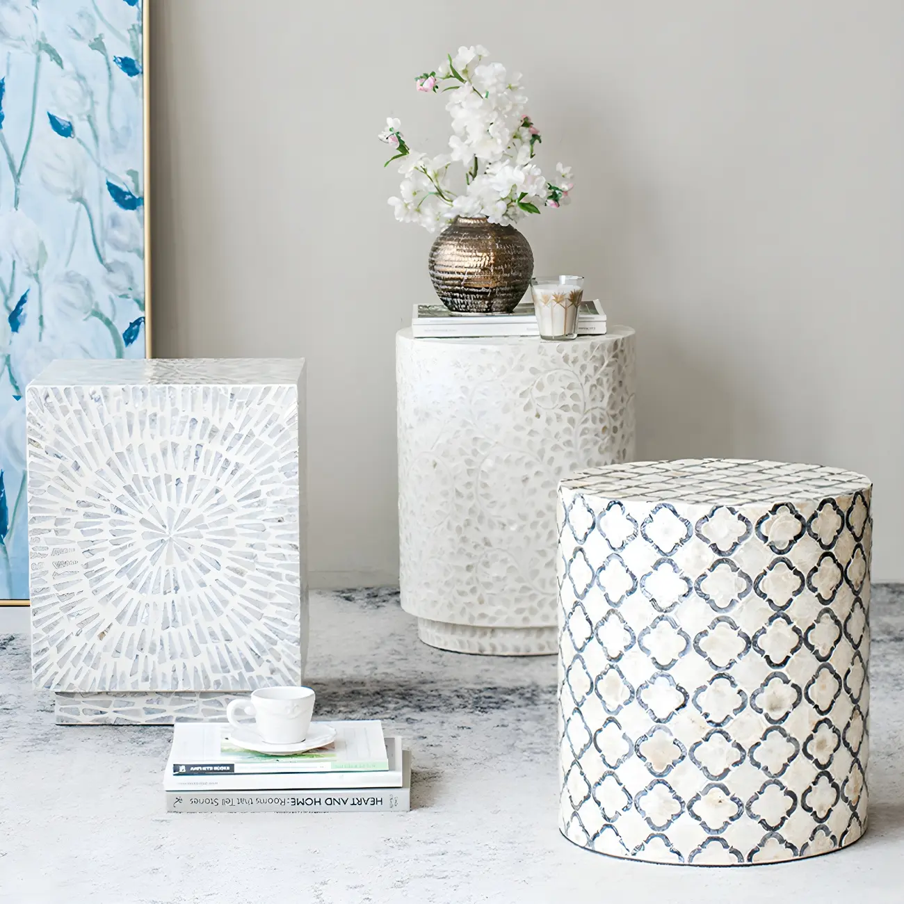 Vintage Wooden Round End Table with Mosaic Design for Home Image - 16 | homeyfad