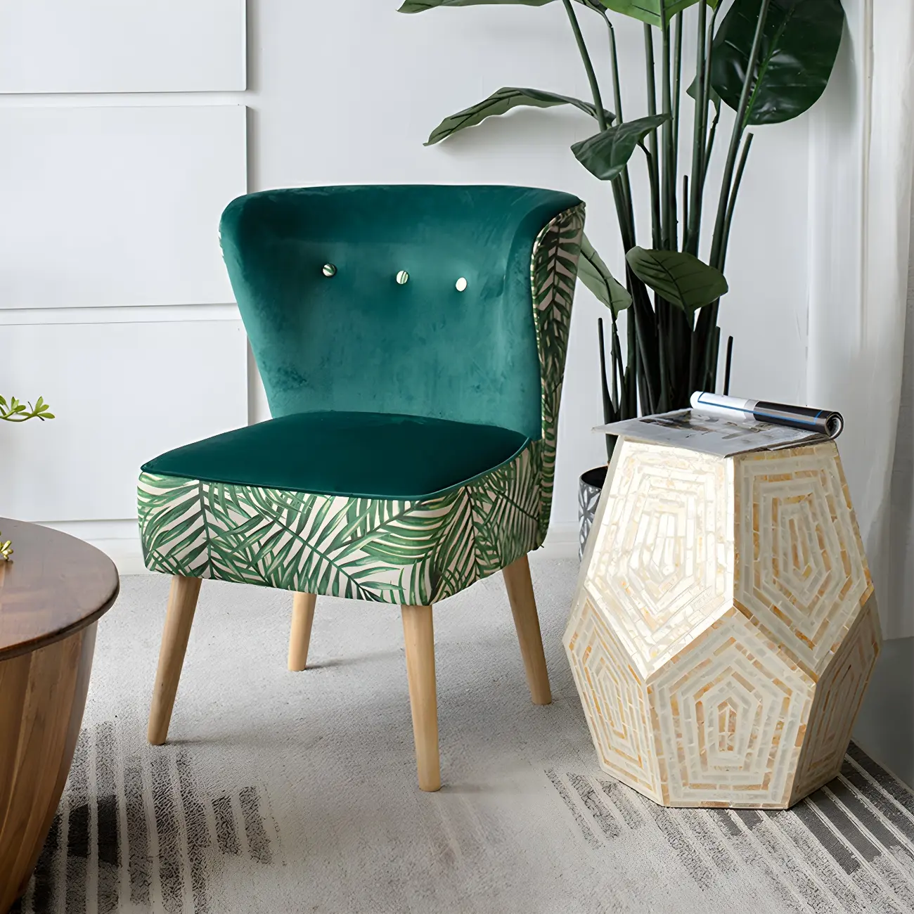 Vintage Wooden Round End Table with Mosaic Design for Home Image - 18 | homeyfad