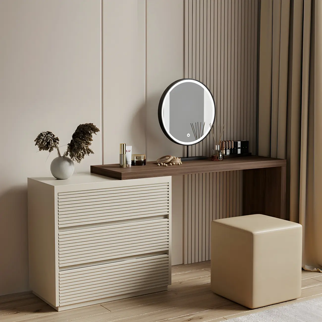 Large Wood Brown-White Makeup Vanity with Storage Image - 1 | homeyfad