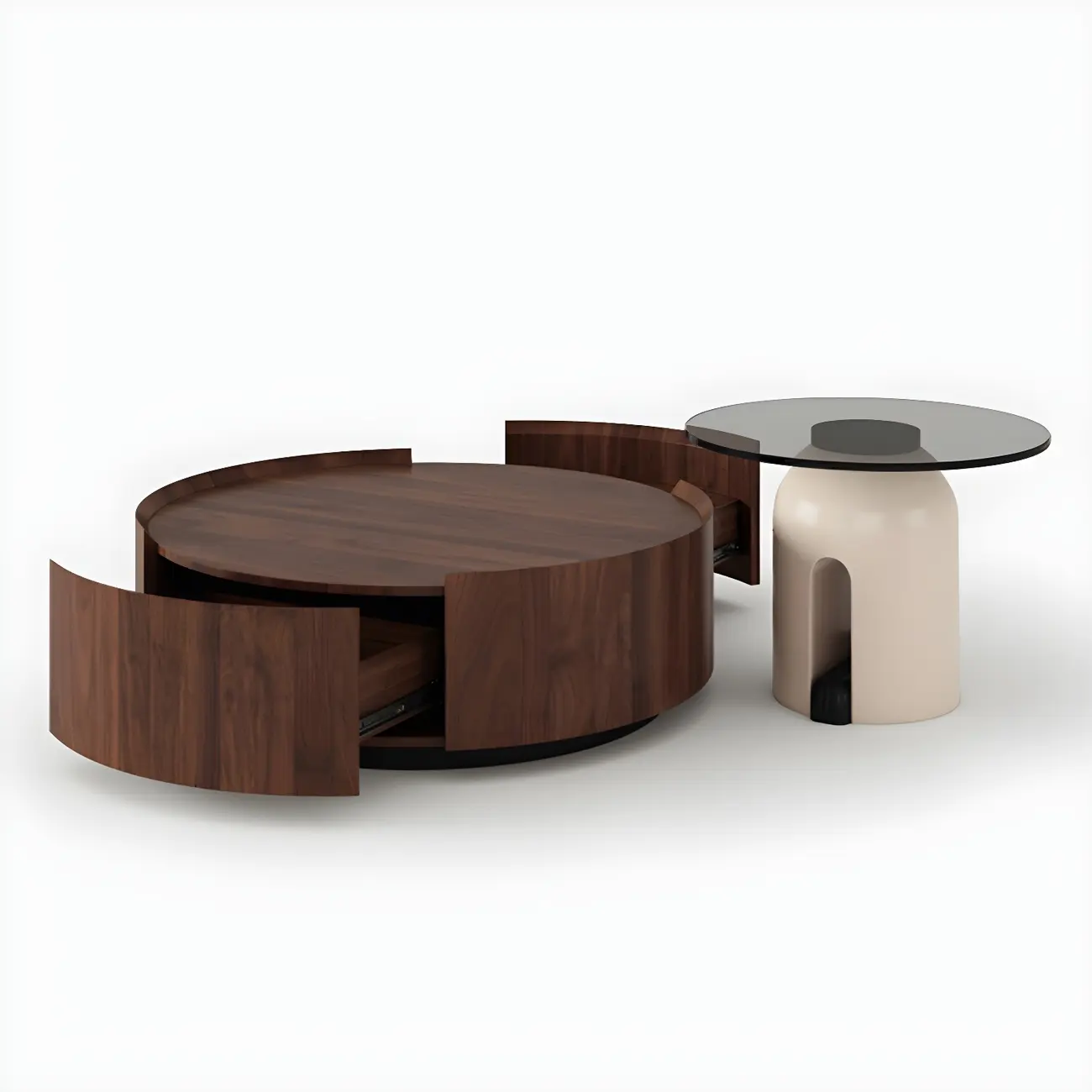 Brown Modern Stylish Round Wood Drawer Coffee Table Image - 9 | homeyfad
