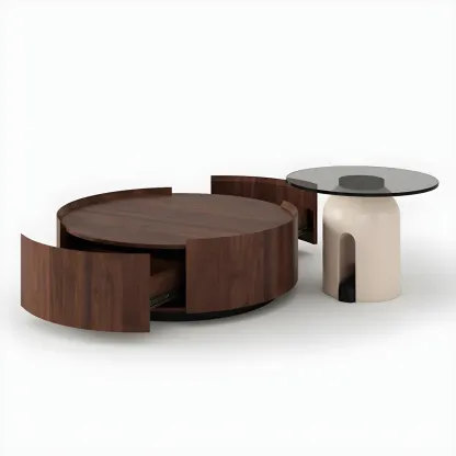 Brown Modern Stylish Round Wood Drawer Coffee Table Image - 9