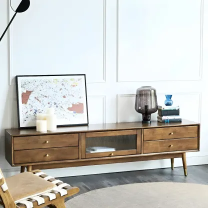 Traditional Wooden TV Stand with Drawers & Cable Management Image - 2