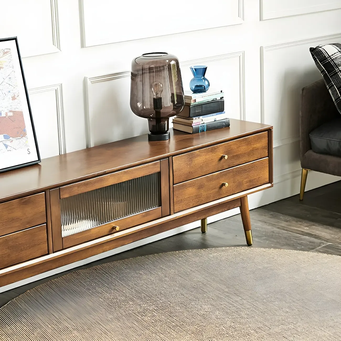 Traditional Wooden TV Stand with Drawers & Cable Management Image - 5