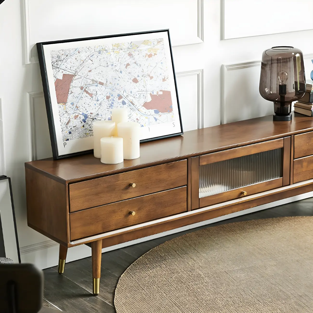 Traditional Wooden TV Stand with Drawers & Cable Management Image - 10 | homeyfad