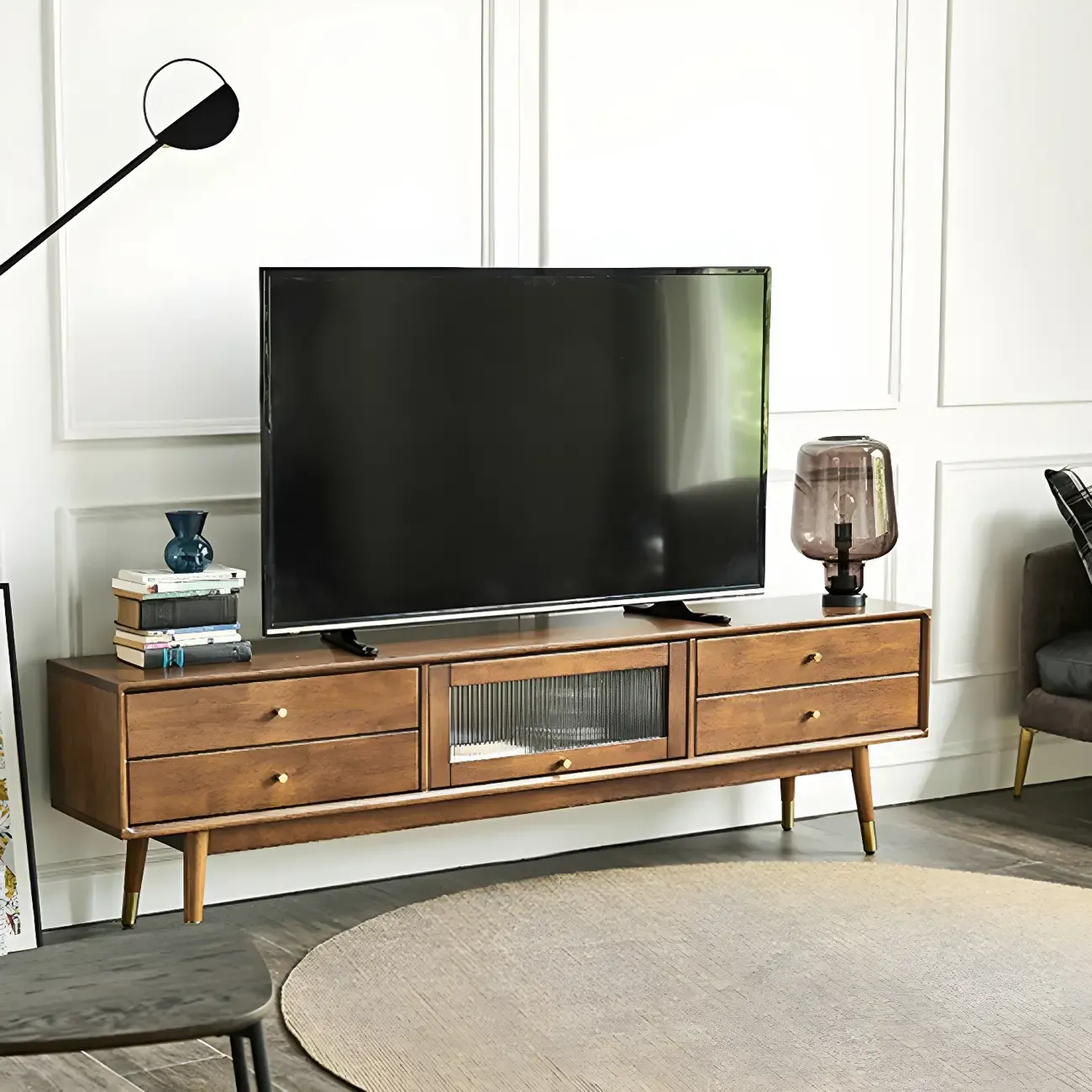 Traditional Wooden TV Stand with Drawers & Cable Management Image - 3