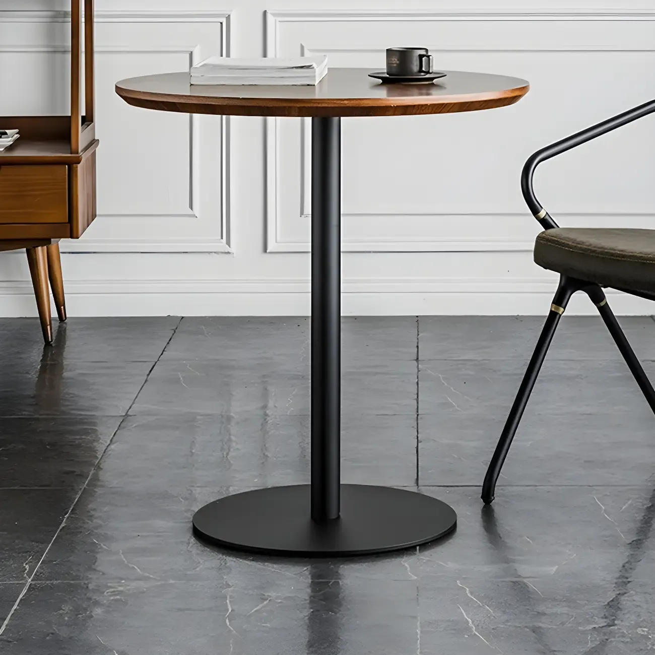 Modern Brown Wood Grain Black Metallic Pedestal Bar Tables Image - 1