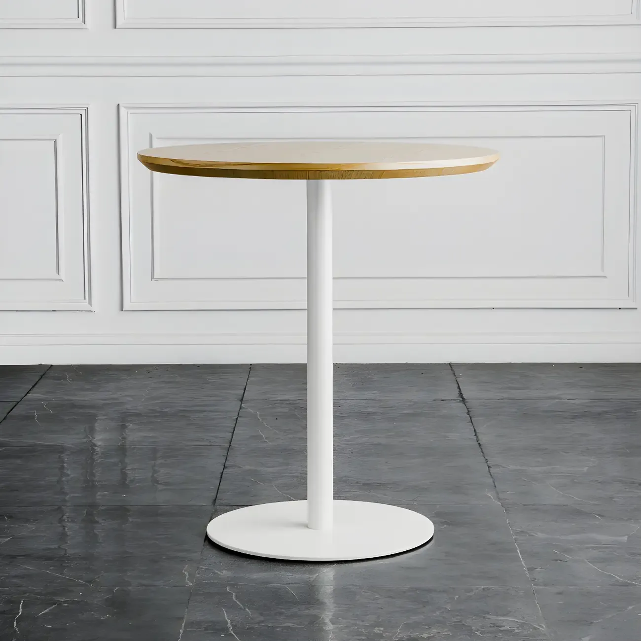 Modern Brown Wood Grain Black Metallic Pedestal Bar Tables Image - 3