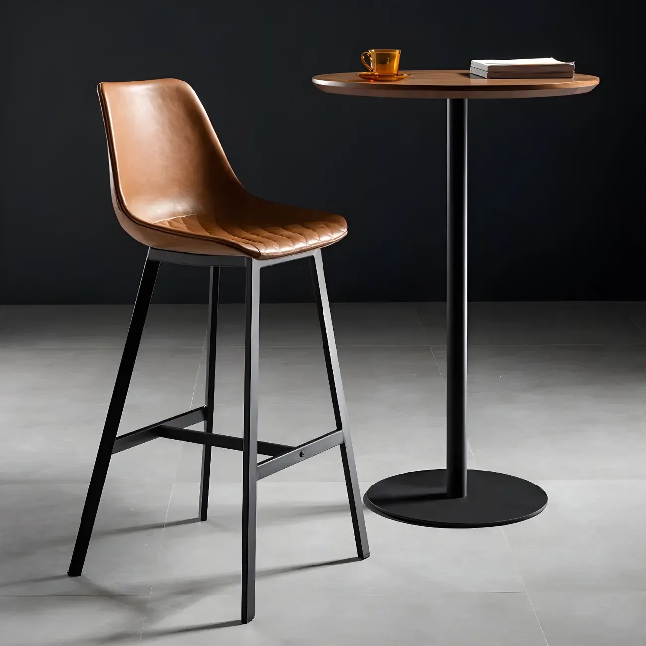 Modern Brown Wood Grain Black Metallic Pedestal Bar Tables Image - 4