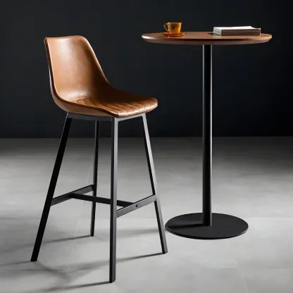 Modern Brown Wood Grain Black Metallic Pedestal Bar Tables Image - 4