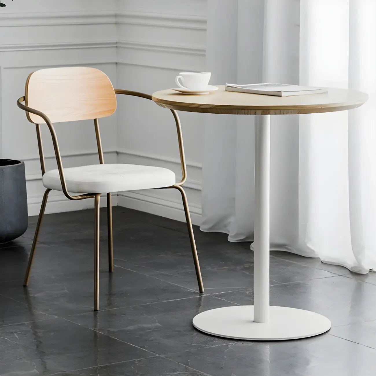 Modern Brown Wood Grain Black Metallic Pedestal Bar Tables Image - 5