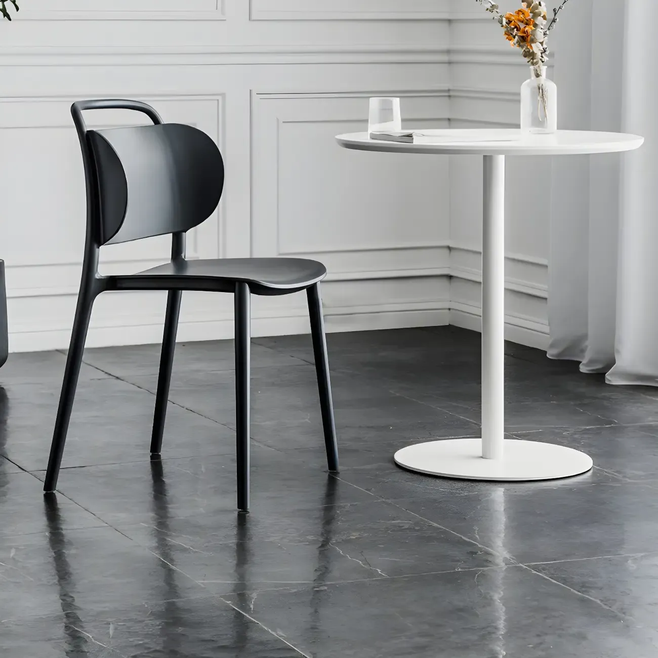 Modern Brown Wood Grain Black Metallic Pedestal Bar Tables Image - 7