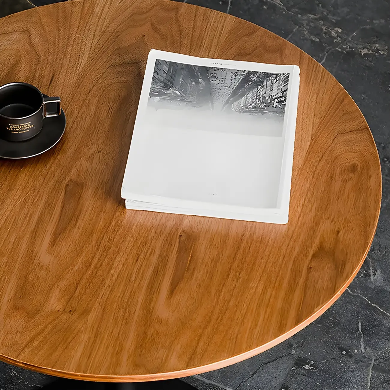 Modern Brown Wood Grain Black Metallic Pedestal Bar Tables Image - 11