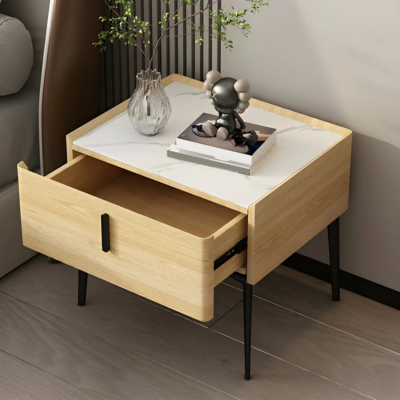 Trendy Narrow Cubic Wooden Nightstand with Legs Image - 1 | homeyfad