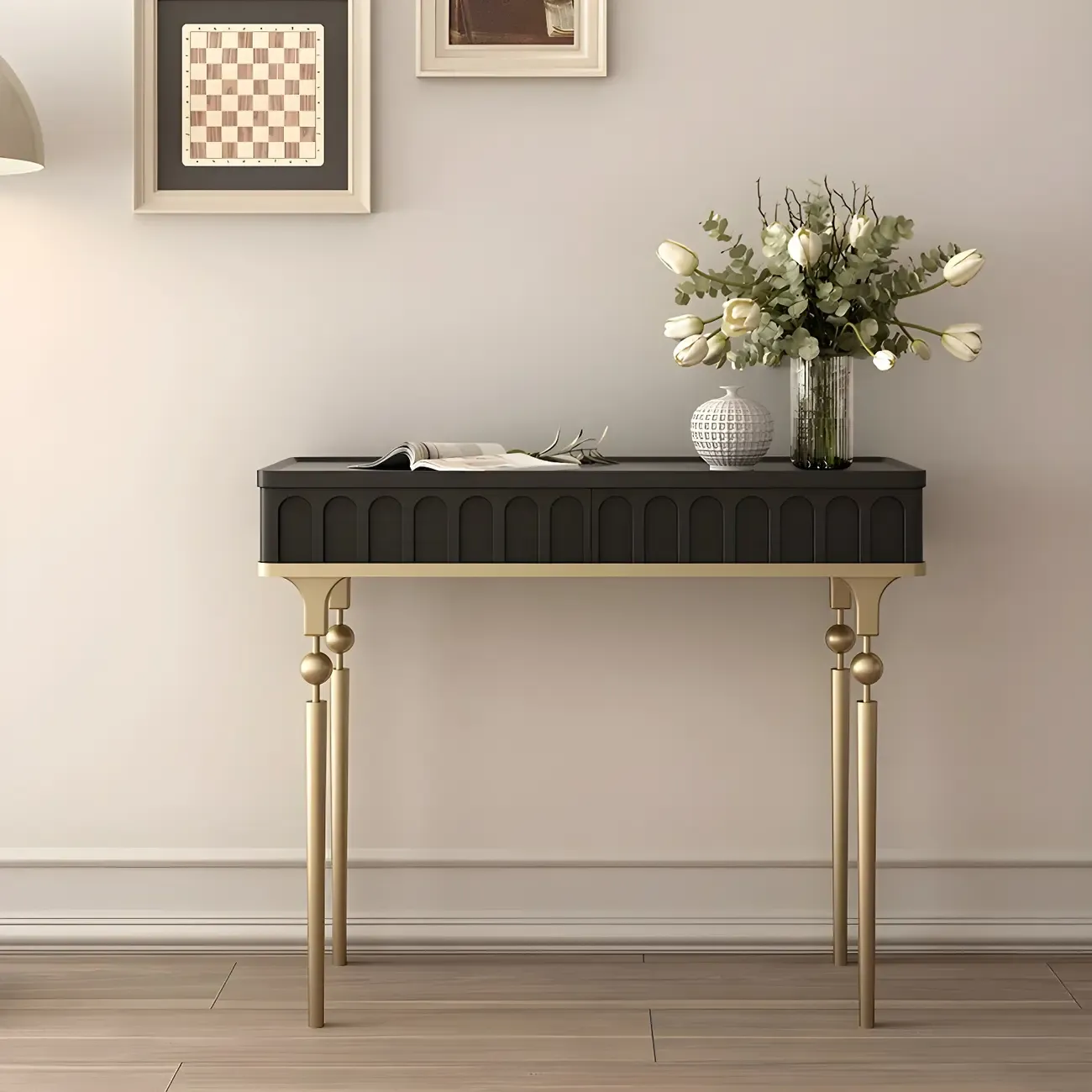 Modern Black Wood Gold Legs Console Table | HomeyFad