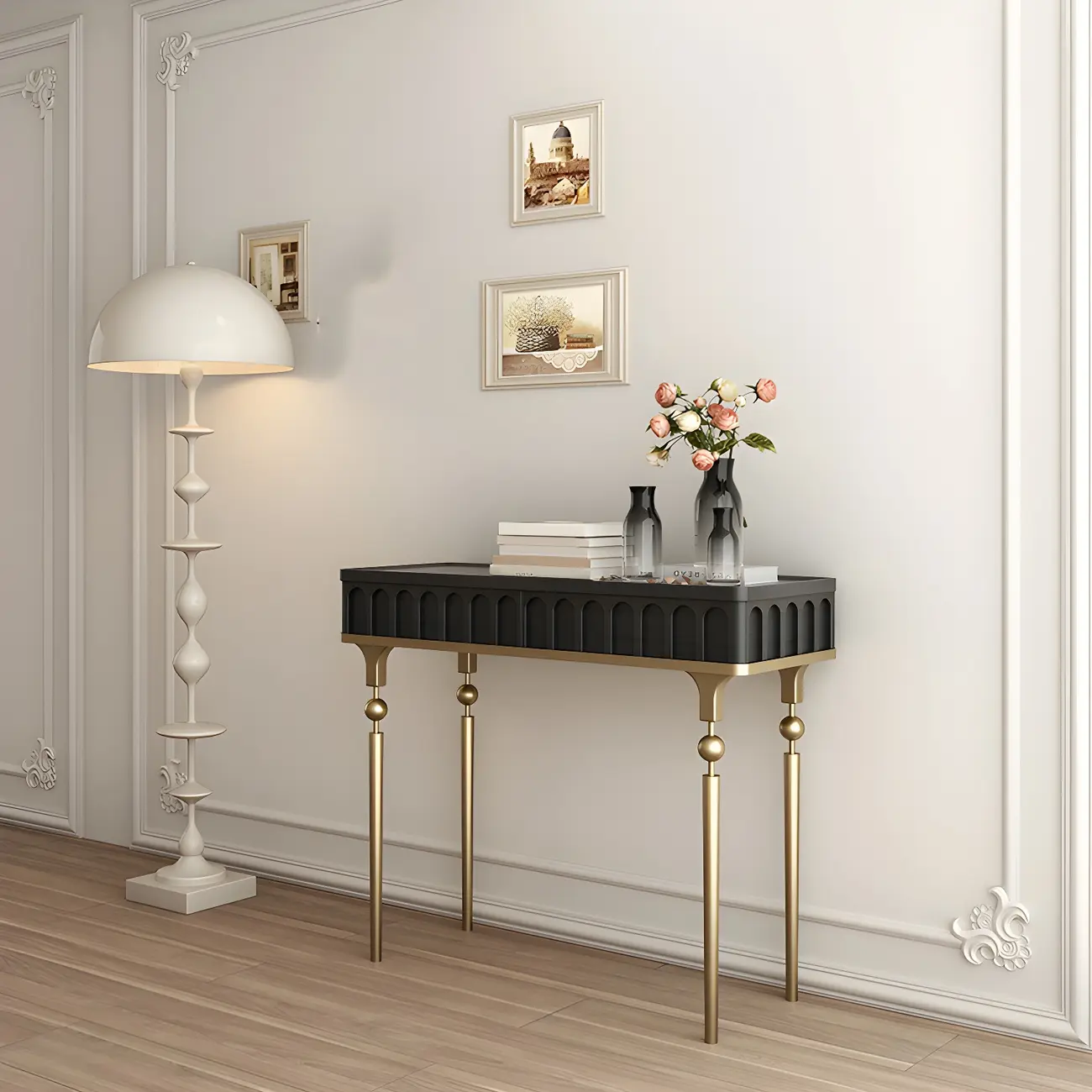 Modern Black Wood Gold Legs Console Table Image - 2 | homeyfad