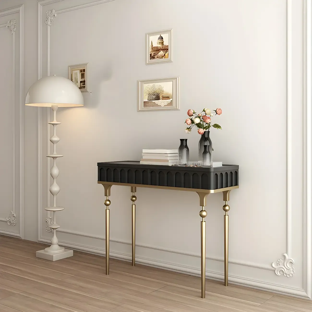 Modern Black Wood Gold Legs Console Table Image - 2