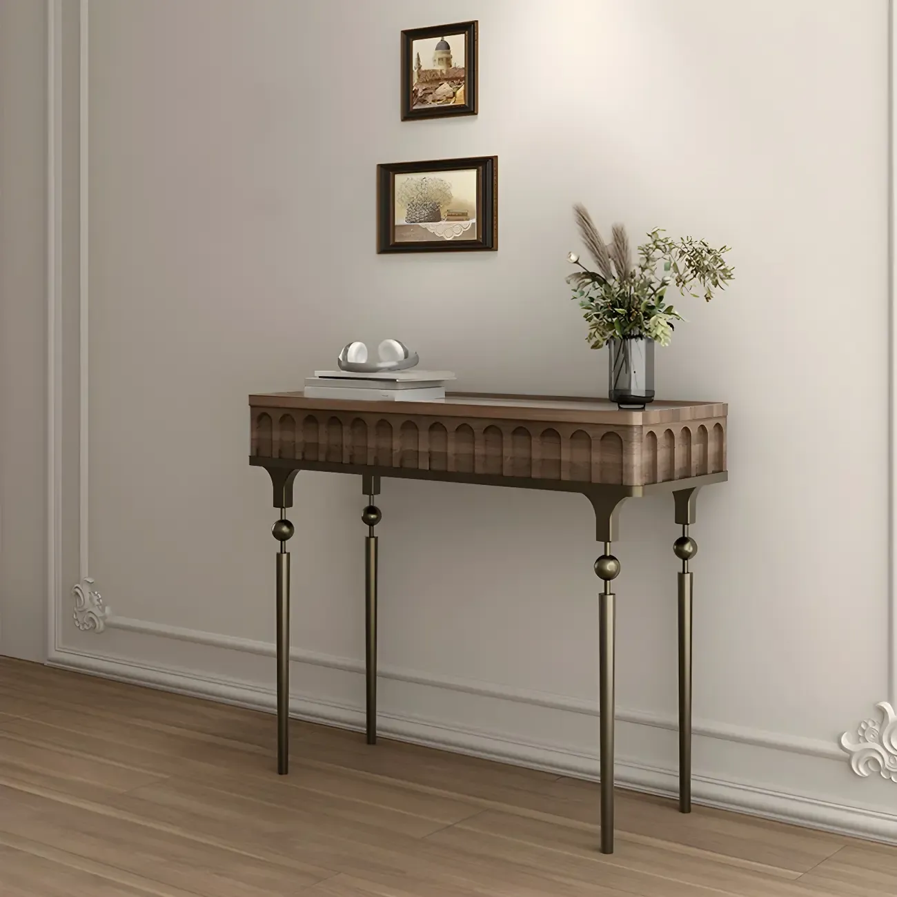 Modern Black Wood Gold Legs Console Table Image - 4