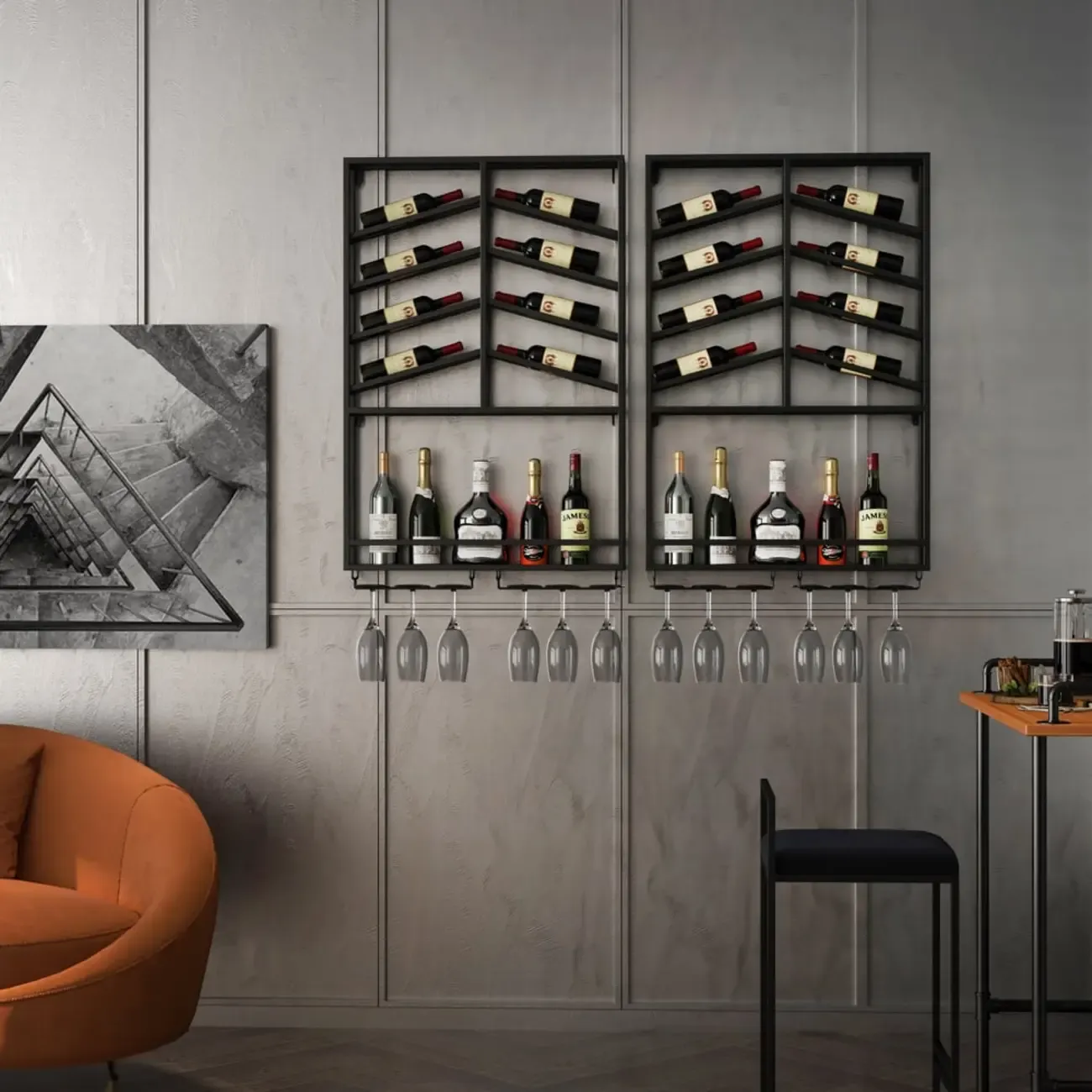 Hanging Industrial Metal Black Wine Rack Wall Mounted Image - 2