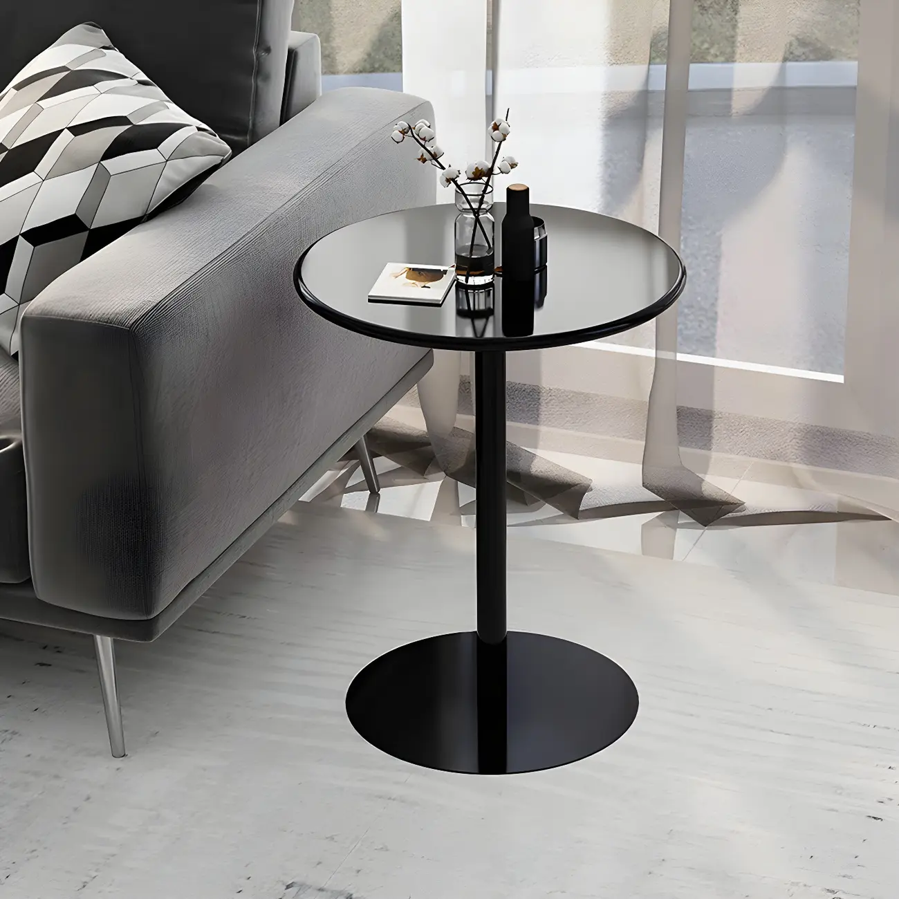 Contemporary Black Metal Pedestal Round End Table Image - 1 | homeyfad