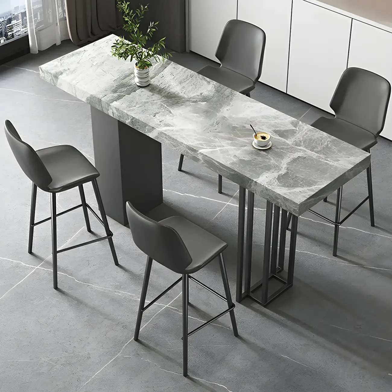 Modern Black Stone Counter Height Metal Rectangular Bar Table Image - 1