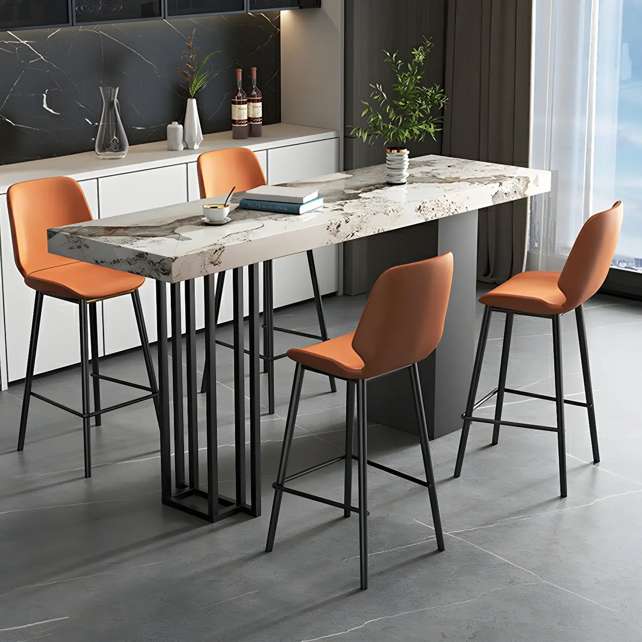 Modern Black Stone Counter Height Metal Rectangular Bar Table Image - 2 | homeyfad