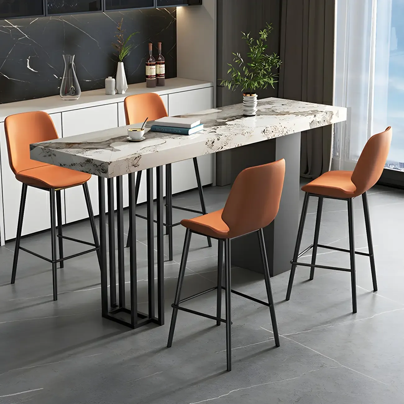 Modern Black Stone Counter Height Metal Rectangular Bar Table Image - 2