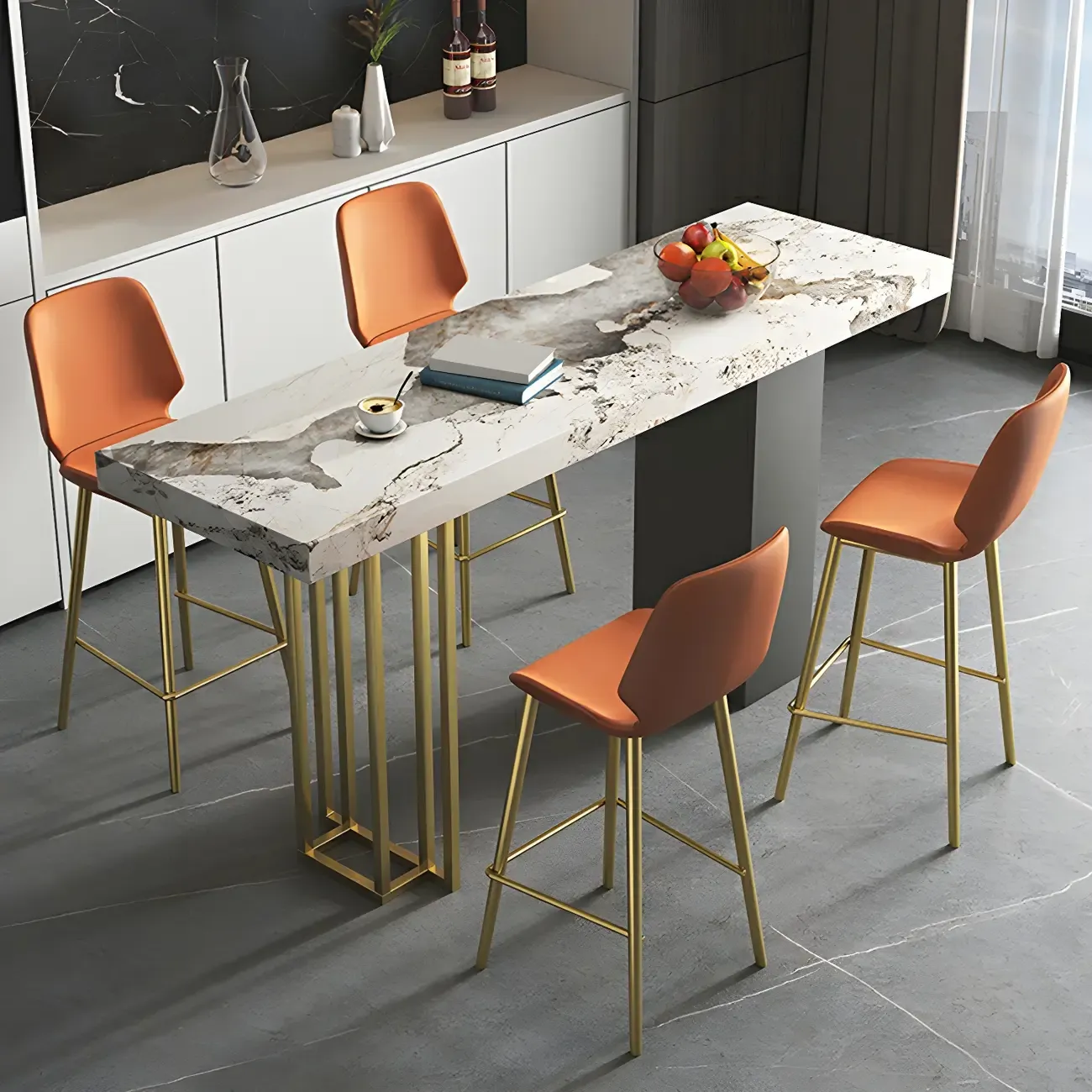 Modern Black Stone Counter Height Metal Rectangular Bar Table Image - 3