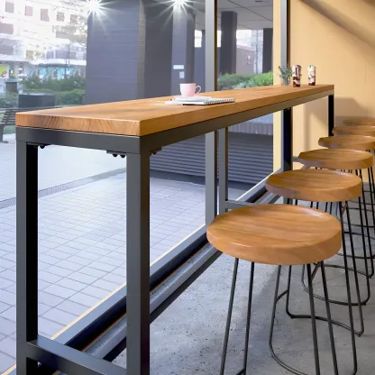 Modern Brown Wooden Iron Trestle Base Bar Table Image - 1