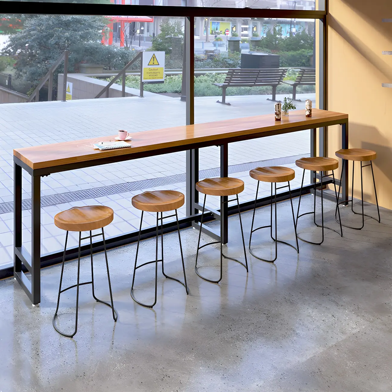 Modern Brown Wooden Iron Trestle Base Bar Table Image - 4 | homeyfad