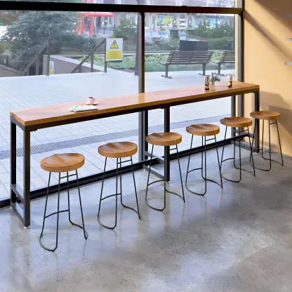 Modern Brown Wooden Iron Trestle Base Bar Table Image - 4