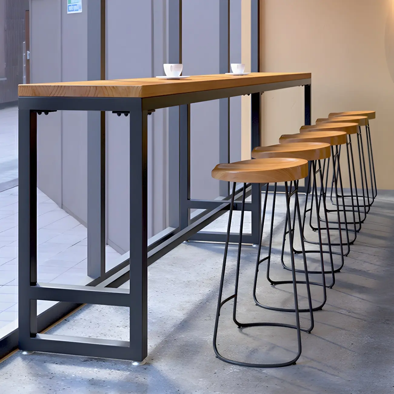 Modern Brown Wooden Iron Trestle Base Bar Table Image - 11 | homeyfad