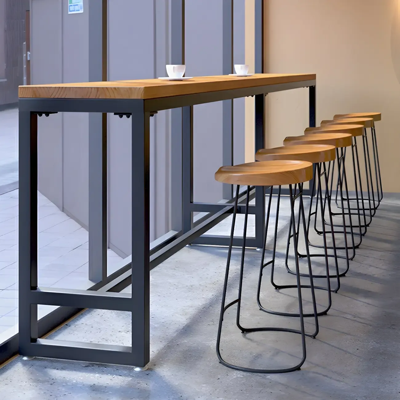 Modern Brown Wooden Iron Trestle Base Bar Table Image - 11