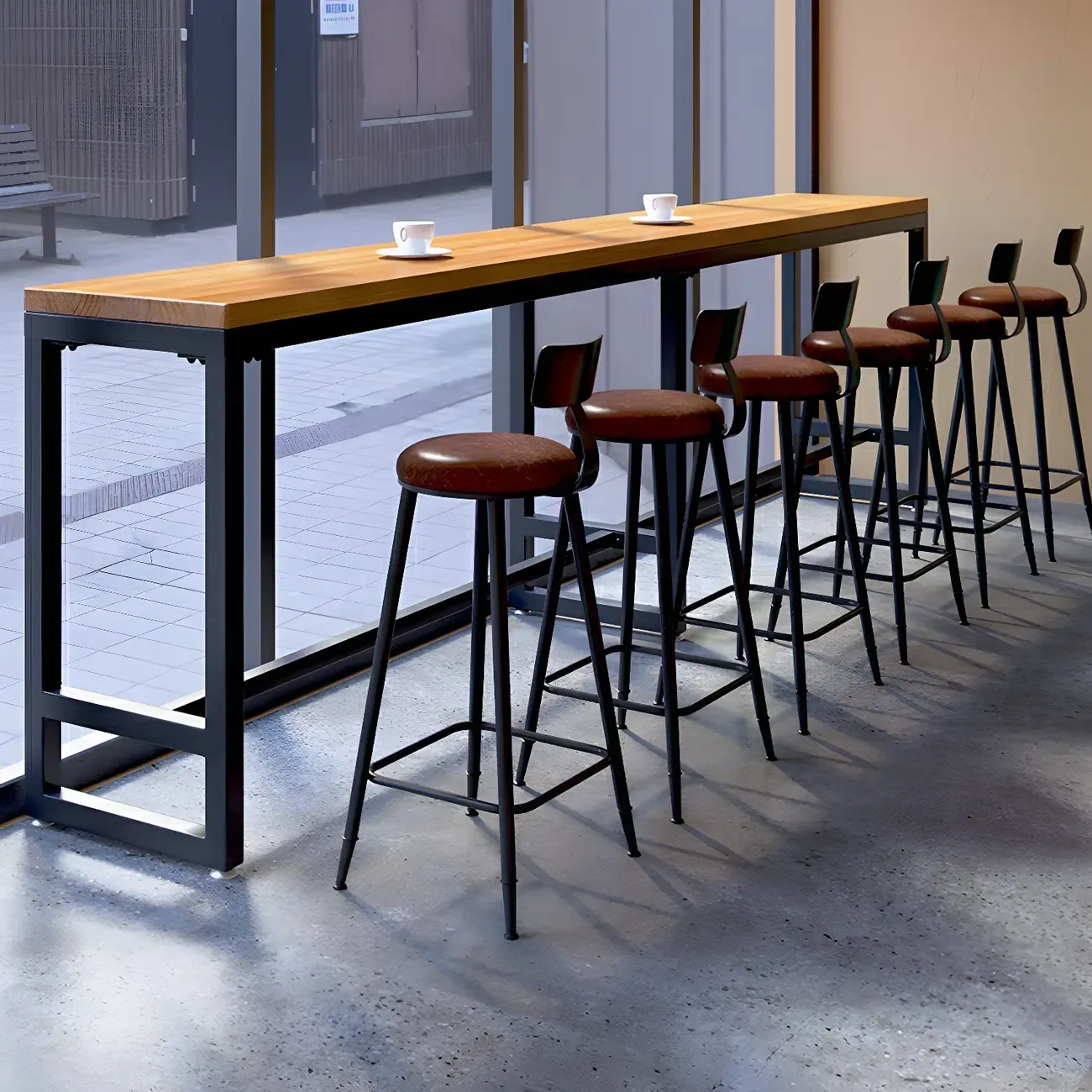 Modern Brown Wooden Iron Trestle Base Bar Table Image - 12