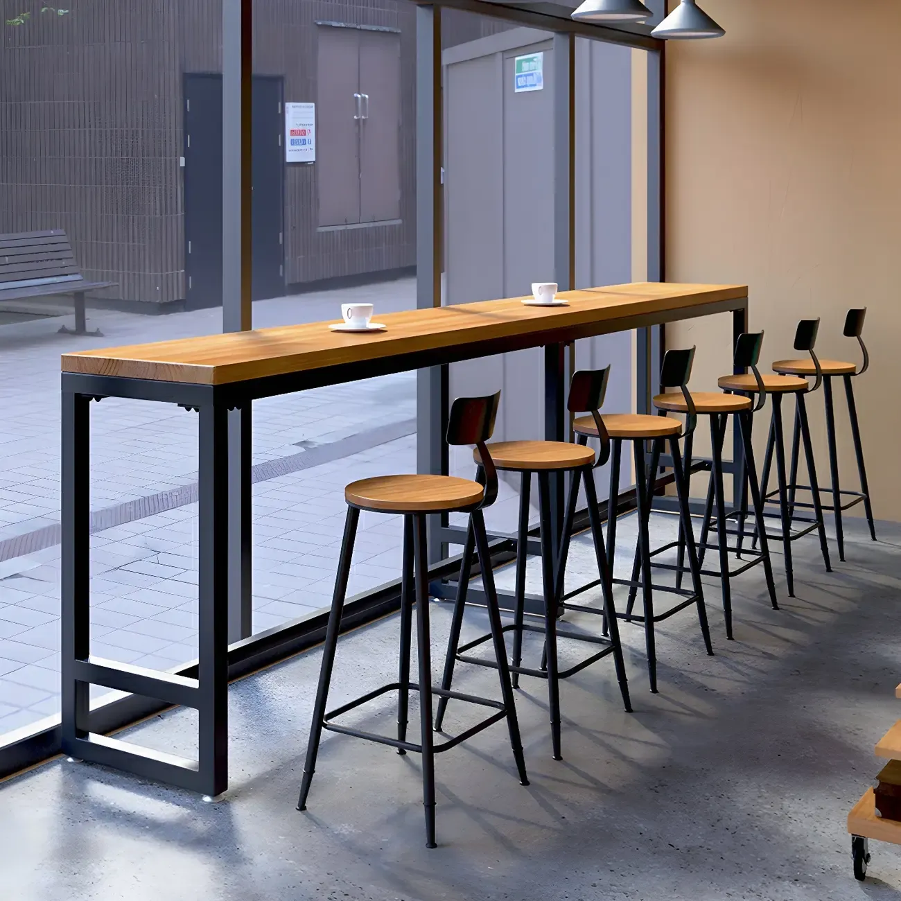 Modern Brown Wooden Iron Trestle Base Bar Table Image - 13