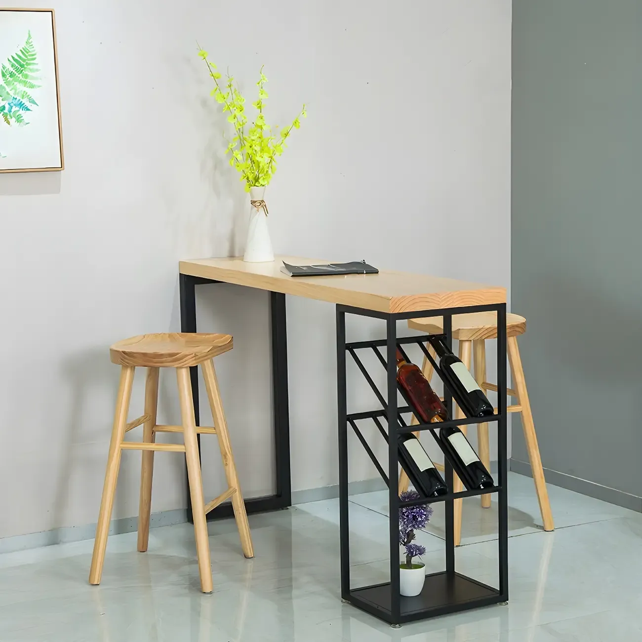 Modern Natural Pine Wood Wine Rack Bar Tables Image - 2