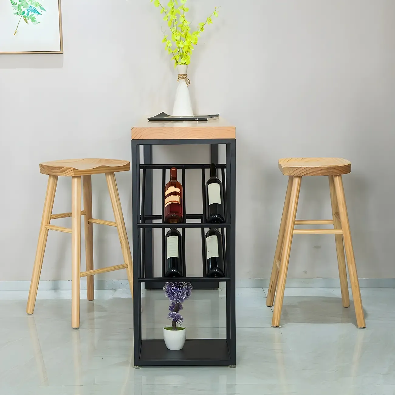 Modern Natural Pine Wood Wine Rack Bar Tables Image - 3