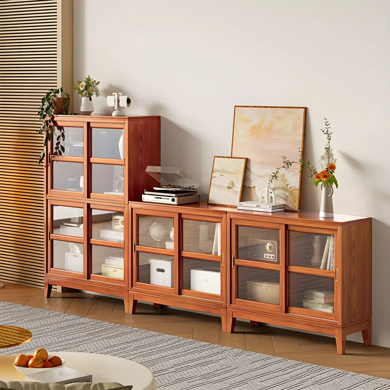 Adjustable Wood Glass Display Cabinet with Sliding Doors Image - 1