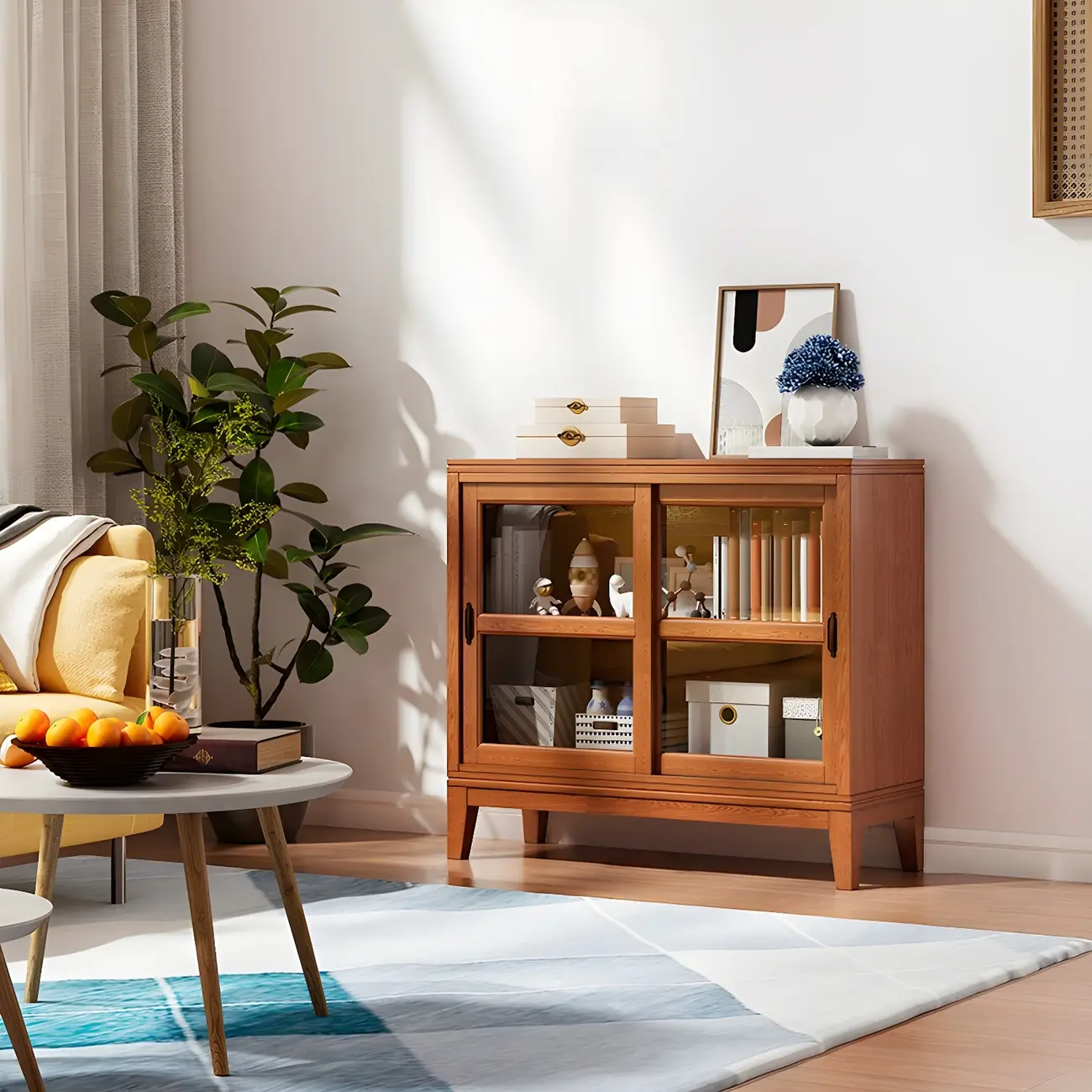 Adjustable Wood Glass Display Cabinet with Sliding Doors Image - 4 | homeyfad