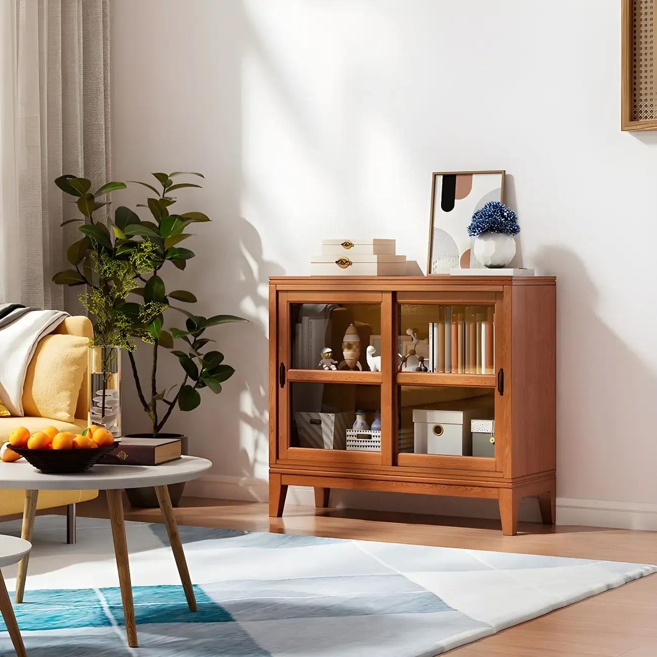 Adjustable Wood Glass Display Cabinet with Sliding Doors | HomeyFad