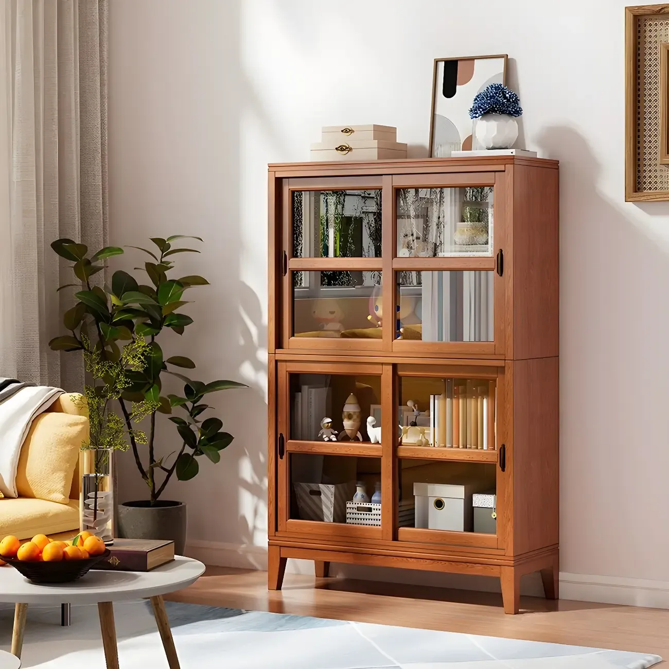 Adjustable Wood Glass Display Cabinet with Sliding Doors Image - 6