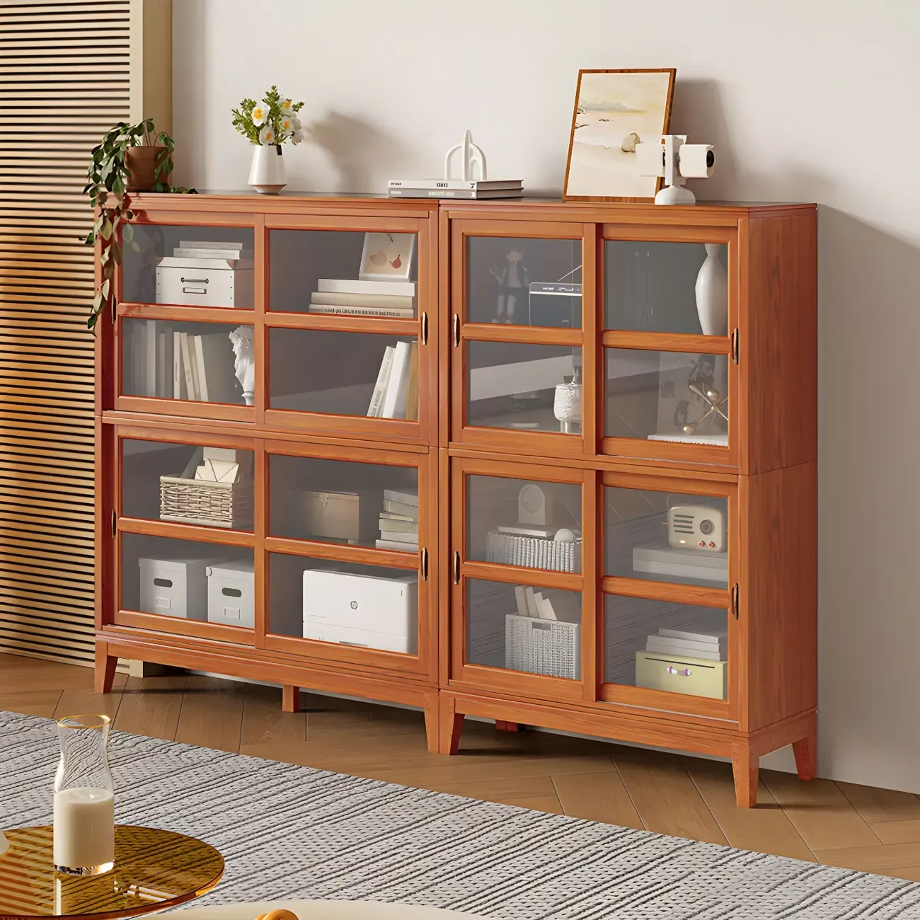 Adjustable Wood Glass Display Cabinet with Sliding Doors Image - 10