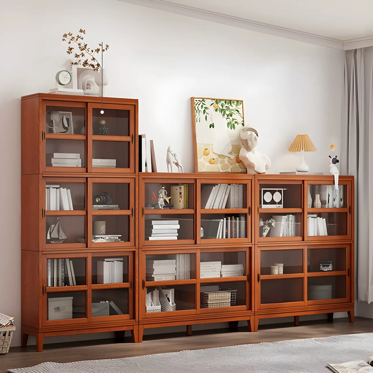 Adjustable Wood Glass Display Cabinet with Sliding Doors Image - 2 | homeyfad