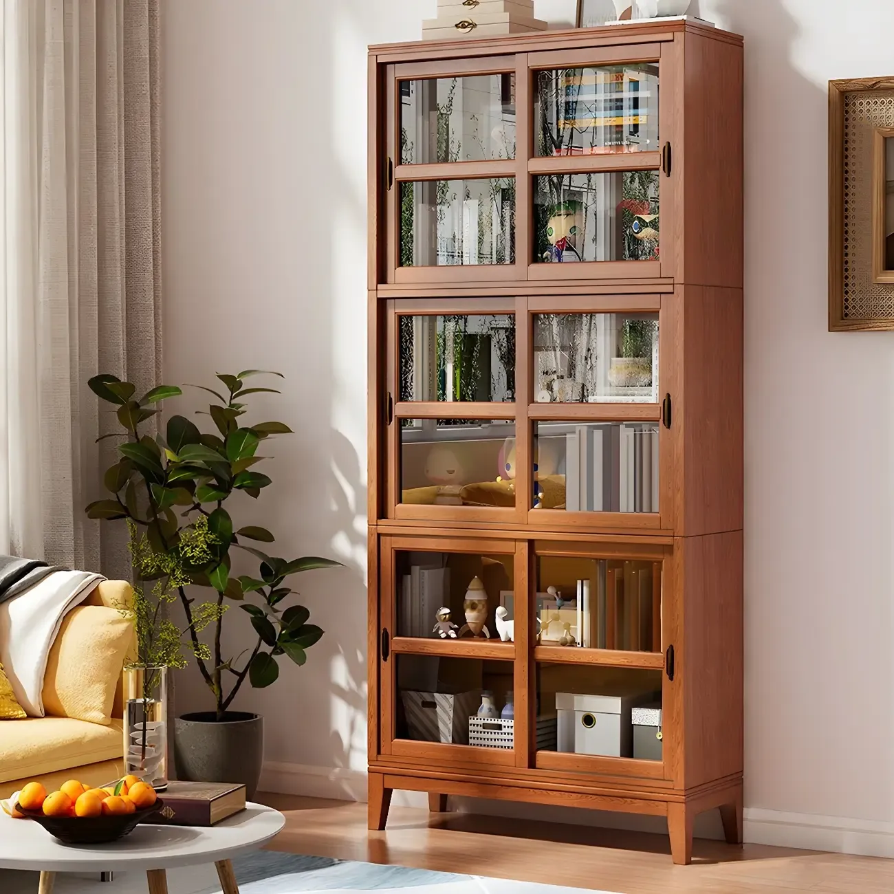 Adjustable Wood Glass Display Cabinet with Sliding Doors Image - 11