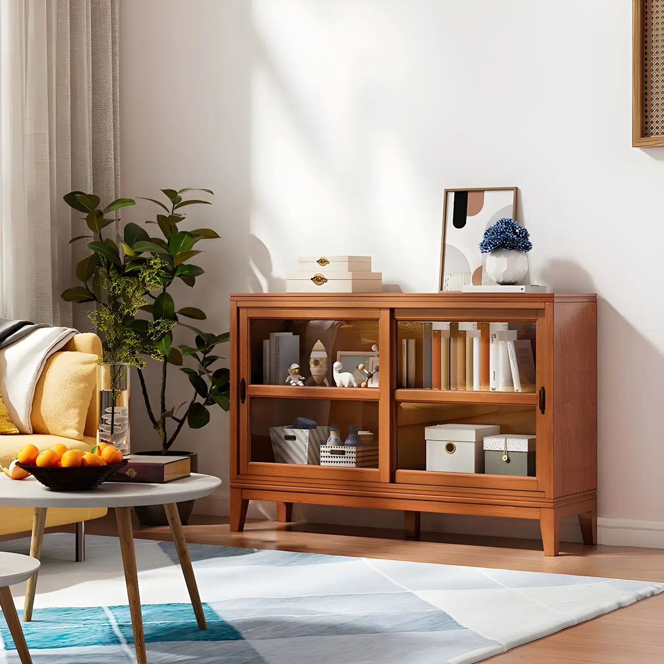 Adjustable Wood Glass Display Cabinet with Sliding Doors Image - 5 | homeyfad