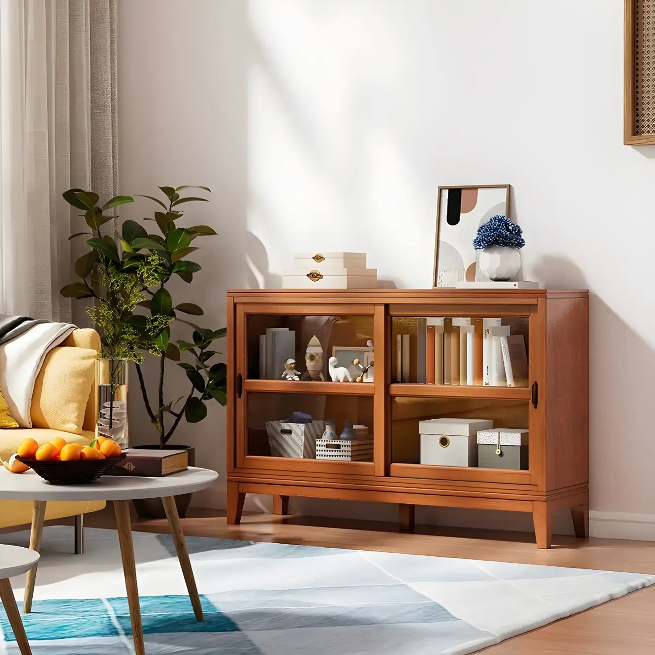 Adjustable Wood Glass Display Cabinet with Sliding Doors Image - 5