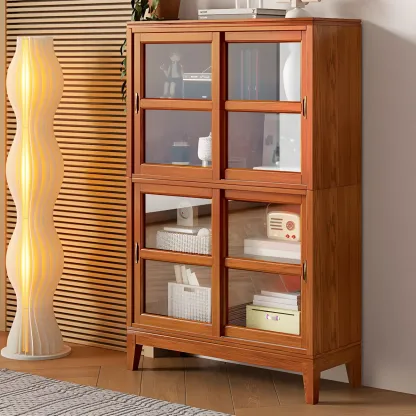 Adjustable Wood Glass Display Cabinet with Sliding Doors Image - 12