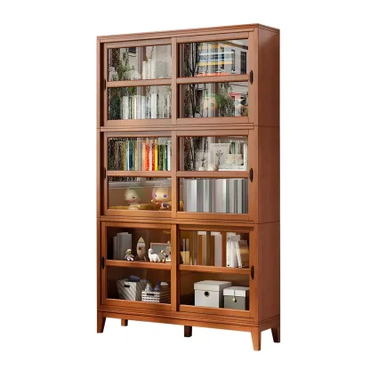 Adjustable Wood Glass Display Cabinet with Sliding Doors Image - 13