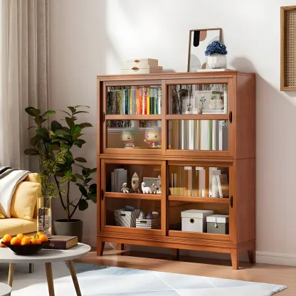 Adjustable Wood Glass Display Cabinet with Sliding Doors Image - 7